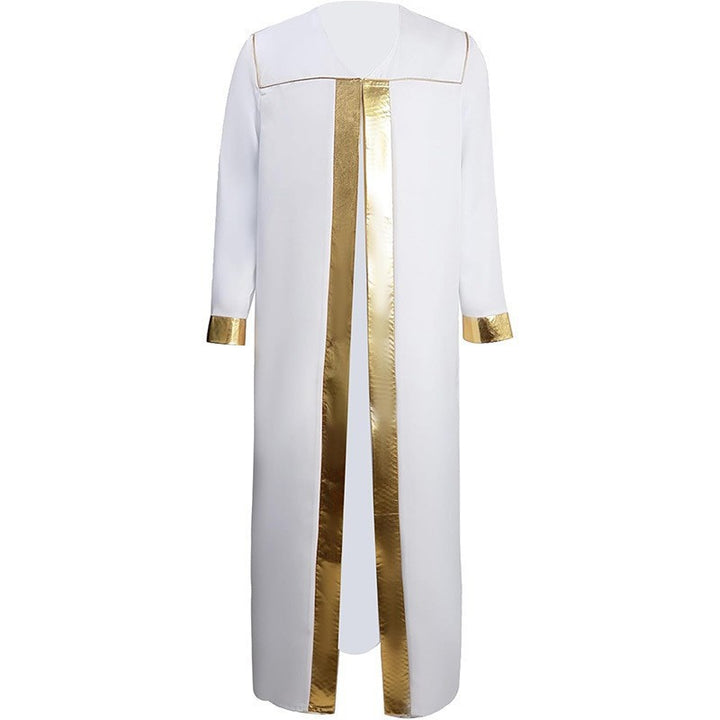 White open-front choir robe with gold center stripe and gold cuff trim, square collar, back view, white background
