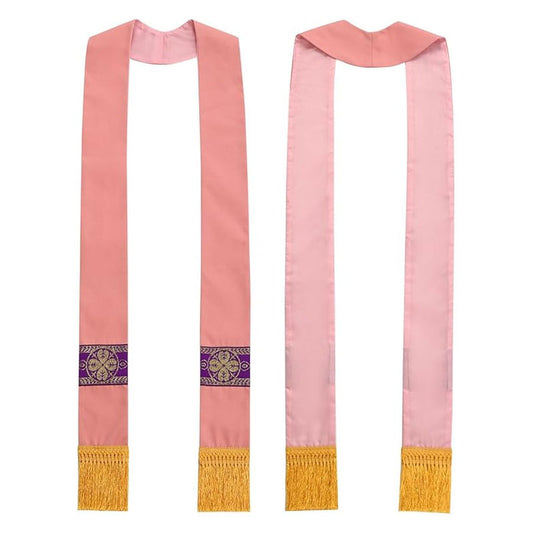 Pink clergy stole showing front and back view with gold brocade cross rosette band and gold fringe hem, white background