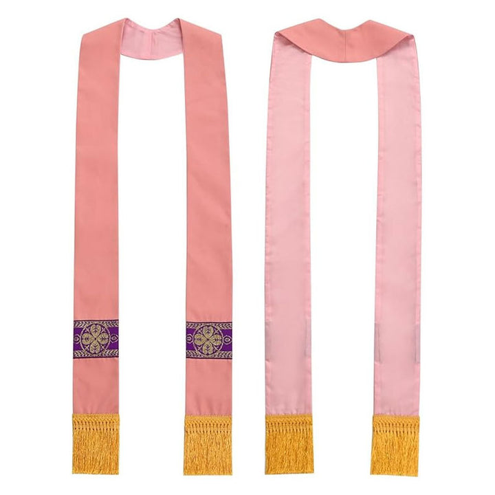 Pink clergy stole showing front and back view with gold brocade cross rosette band and gold fringe hem, white background