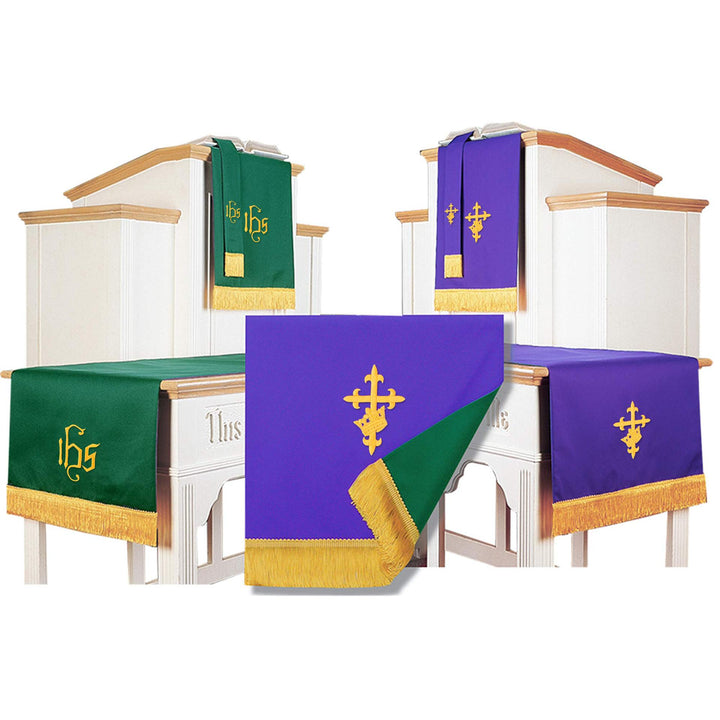 3-piece liturgical pulpit parament set displayed on church pulpits and altar table, green IHS and purple cross embroidery with gold fringe, reversible double-sided design shown