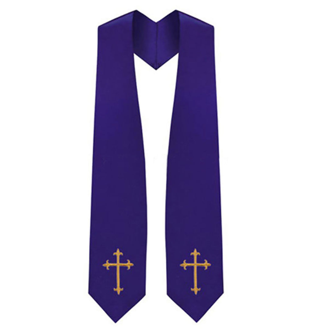Royal blue clergy graduation stole with gold cross embroidery on both panels