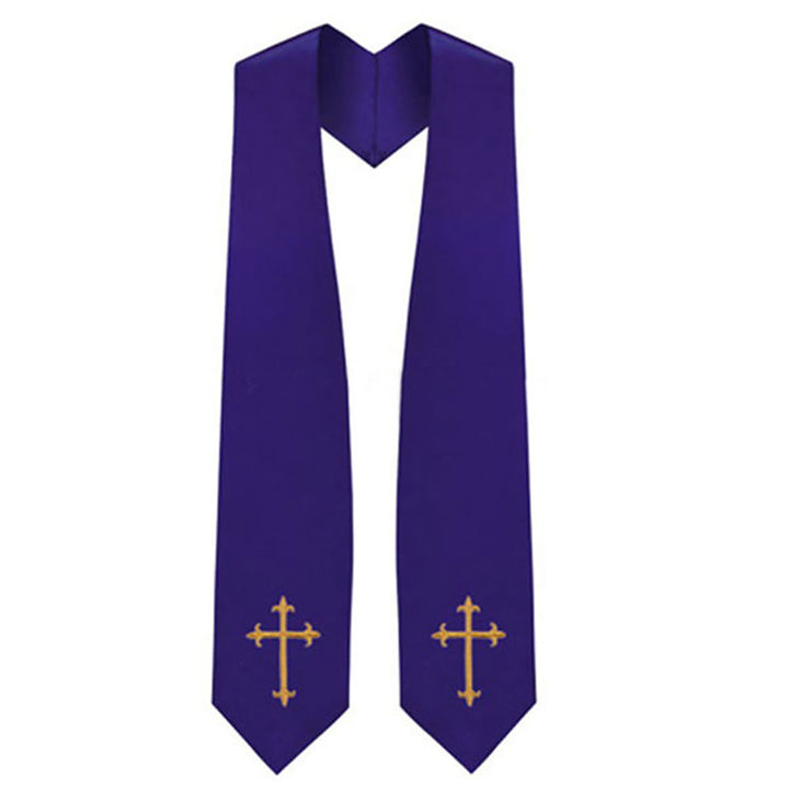 Royal blue clergy graduation stole with gold cross embroidery on both panels