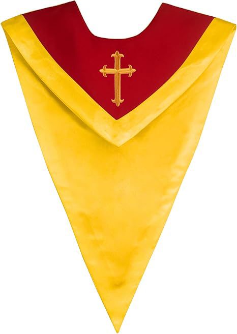 Gold and red two-tone V-shaped choir stole with cross embroidery on red yoke, product flat lay, white background