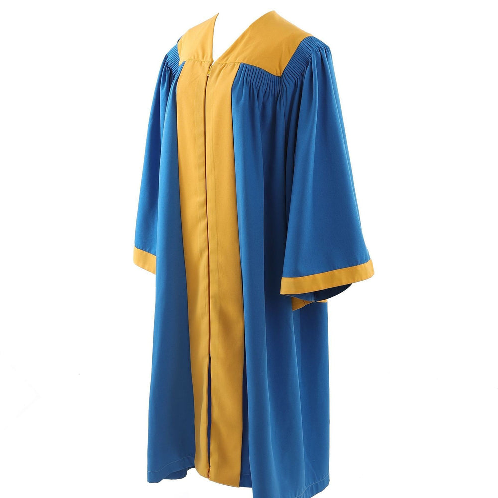 Lake blue two-tone choir robe with gold contrast yoke and cuff trim, front view