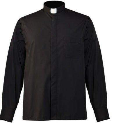 Black Clergy Shirt Long Sleeve with White Tab Collar on White Background