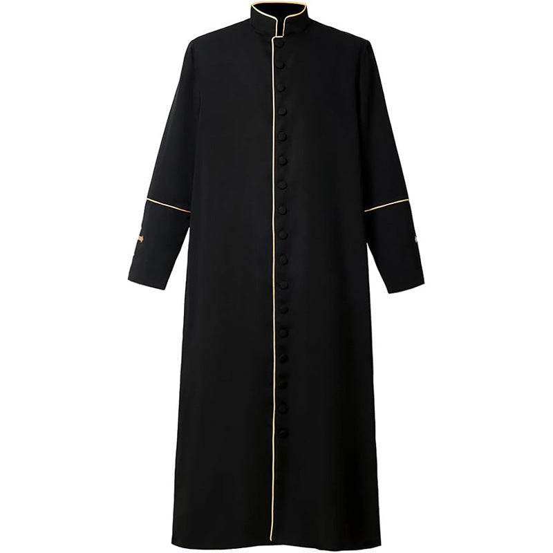 Pink clergy cassock robe with white trim and cross embroidery on cuffs