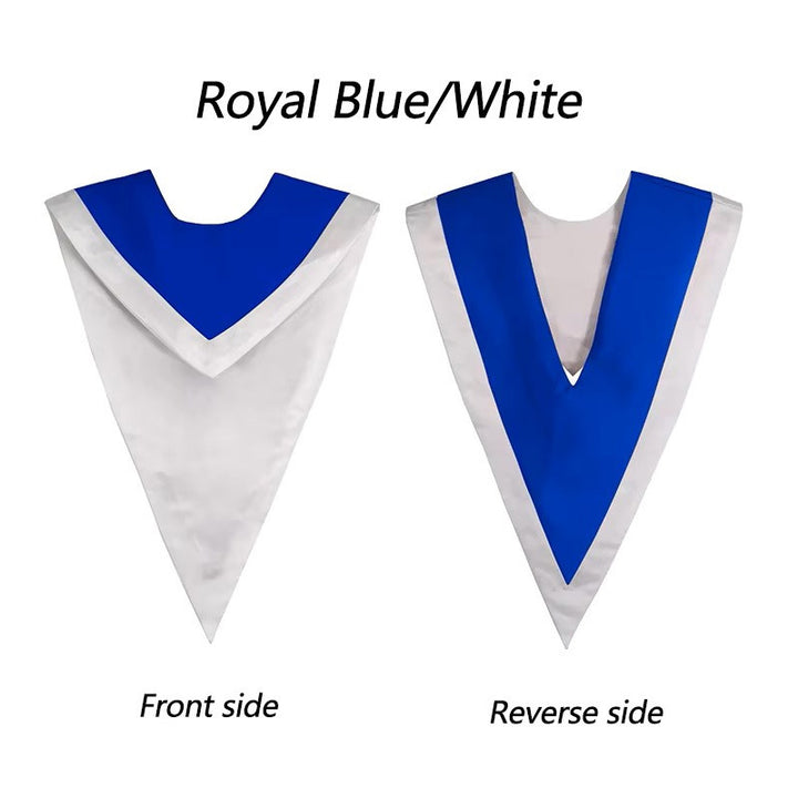 Royal blue and white two-tone reversible graduation V-stole chevron showing both front and reverse sides, white background