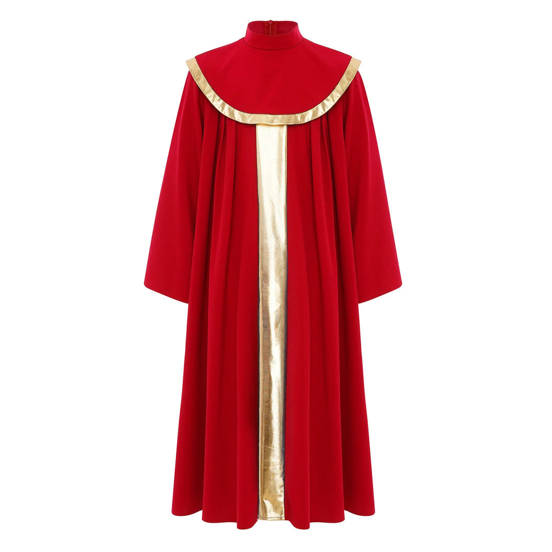 Black children's choir robe with gold center stripe and gold cape collar trim, front view, white background