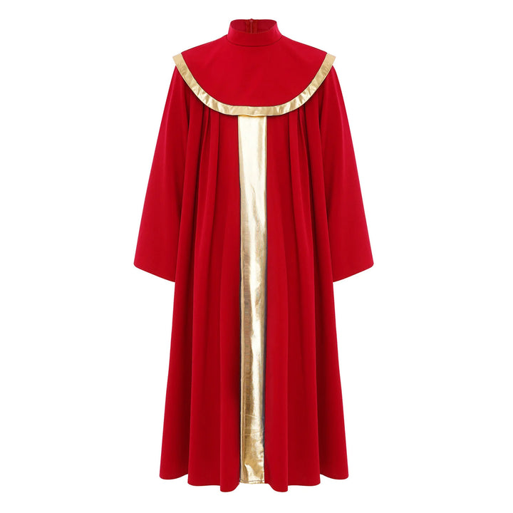Black children's choir robe with gold center stripe and gold cape collar trim, front view, white background