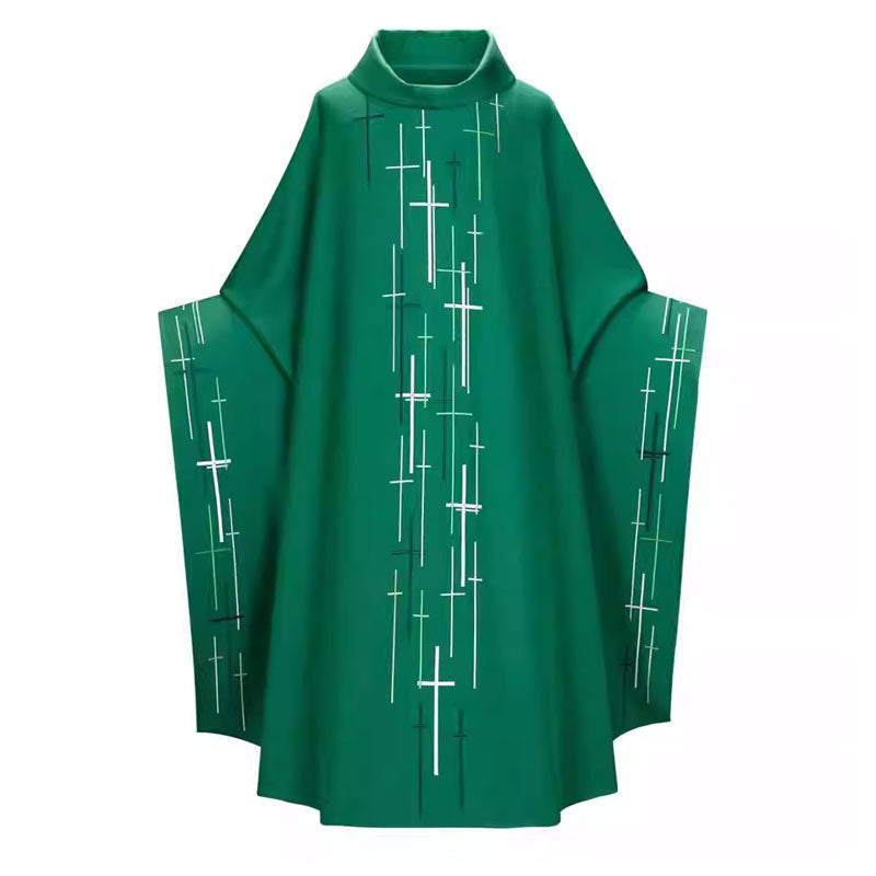 Green Catholic chasuble vestment with scattered white cross print, stand collar and bat-wing sleeves, white background