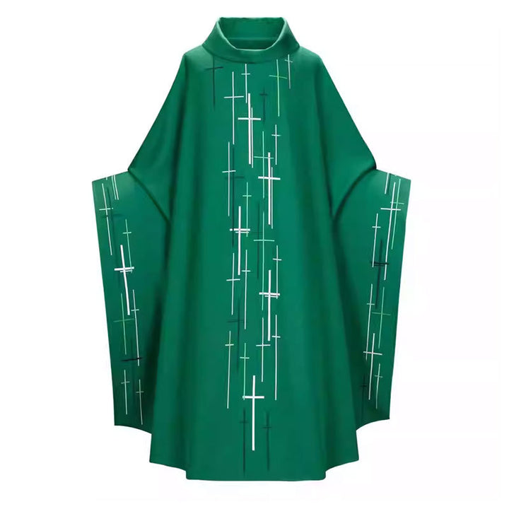 Green Catholic chasuble vestment with scattered white cross print, stand collar and bat-wing sleeves, white background