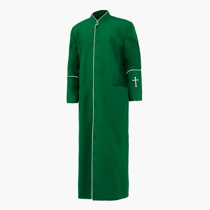 White clergy cassock robe with gold trim and cross embroidery on cuffs