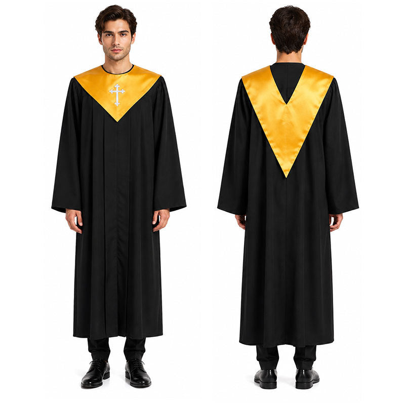 Black church choir robe with gold V-yoke collar and cross embroidery, front and back view, white background