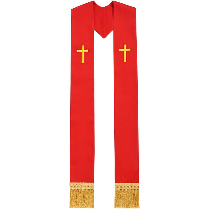 White Clergy Stole with Gold Embroidered Cross and Fringe