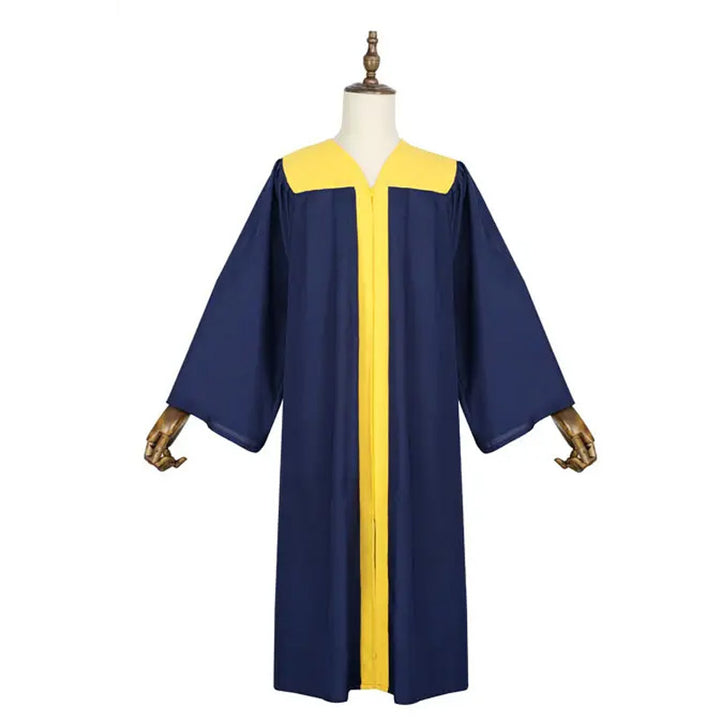 Navy blue choir robe with yellow-gold shoulder yoke and center panels, front flat view, white background