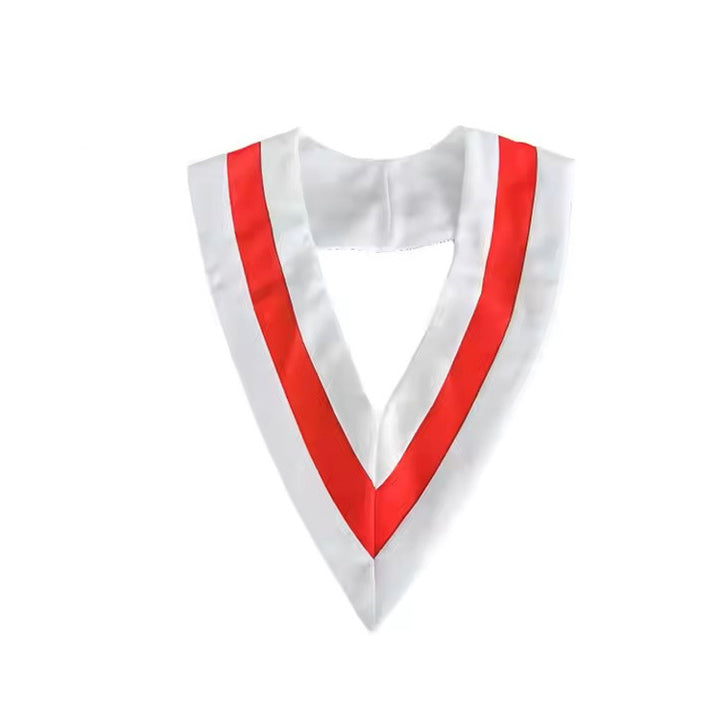 White and red two-tone V-shaped graduation stole honor chevron, product flat lay, white background
