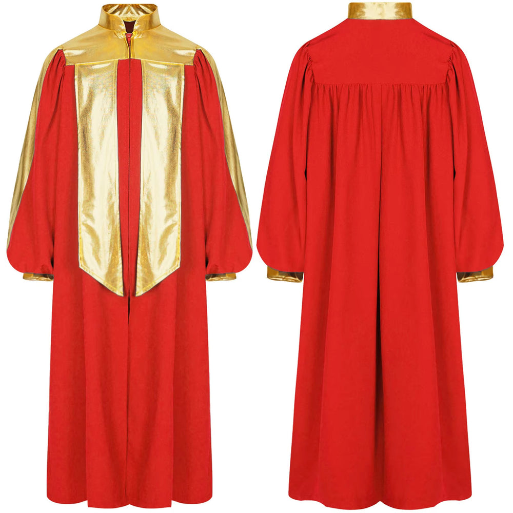 Black gospel choir robe front and back view with gold metallic stand collar, square yoke panel, center stole and cuffed wrists, puff balloon sleeves, white background
