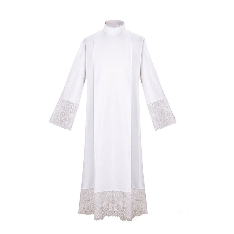 Style D white liturgical alb robe with delicate floral lace trim at cuffs and wide lace hem border, white background