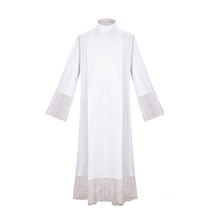 Style D white liturgical alb robe with delicate floral lace trim at cuffs and wide lace hem border, white background