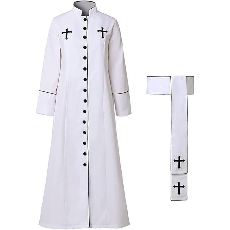 White clergy cassock robe with stole, stand collar black piping trim and cross embroidery, front view with stole, white background
