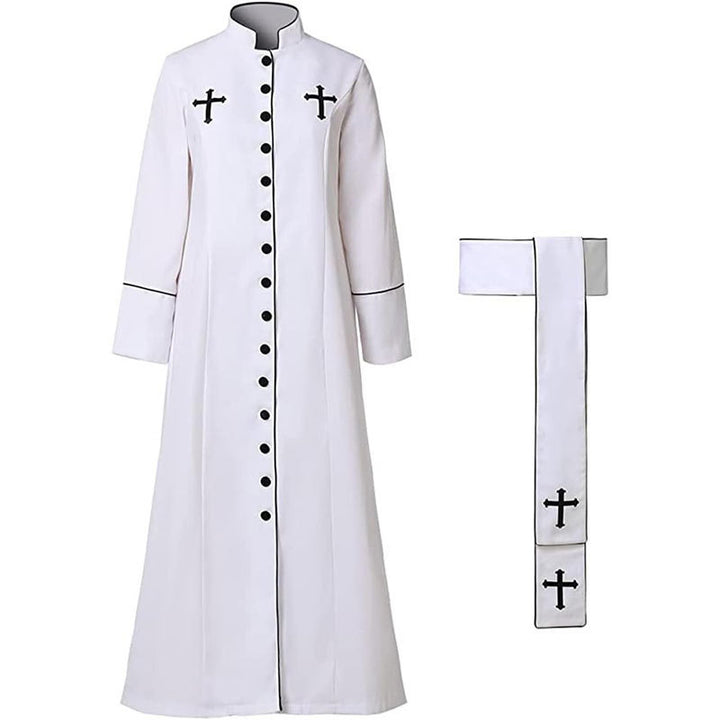 White clergy cassock robe with stole, stand collar black piping trim and cross embroidery, front view with stole, white background