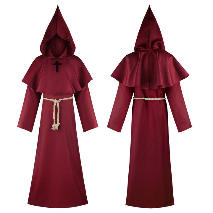 Wine red medieval monk hooded robe front and back view with pointed hood, shoulder cape, rope belt and cross necklace, white background