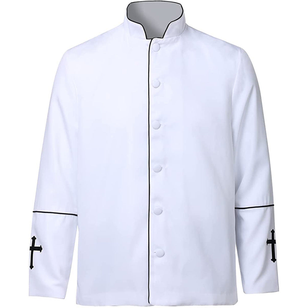 Black clergy mandarin collar jacket with white trim and cross embroidery on cuffs