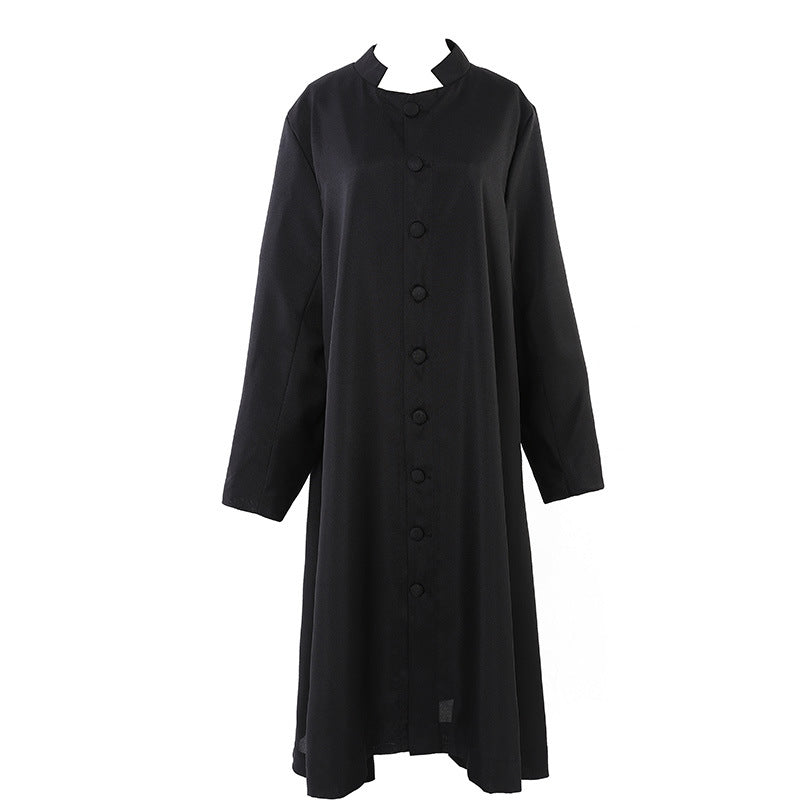 Black stand collar cassock robe with single button front and A-line silhouette, front view, white background