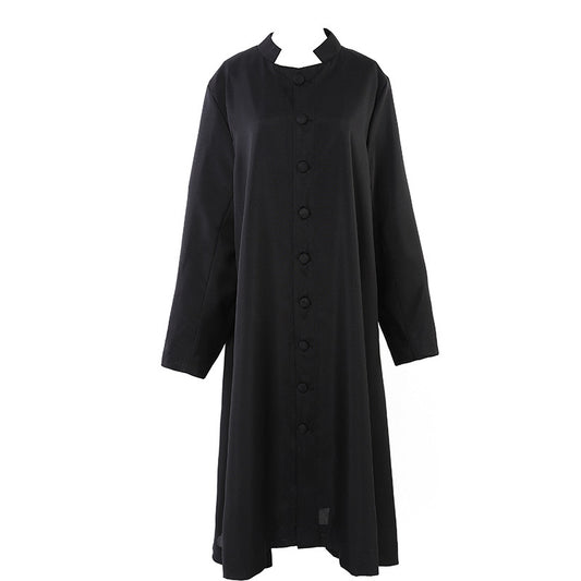 Black stand collar cassock robe with single button front and A-line silhouette, front view, white background