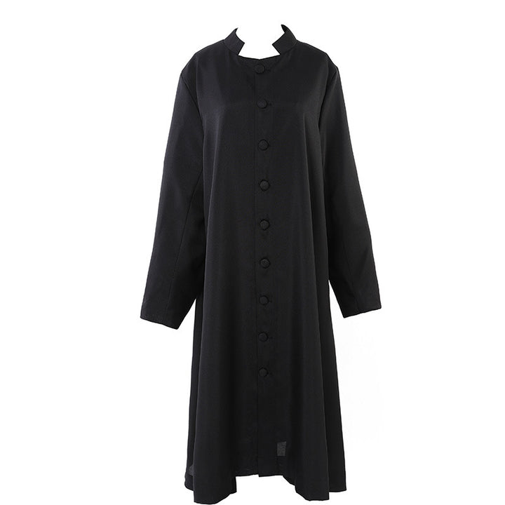 Black stand collar cassock robe with single button front and A-line silhouette, front view, white background