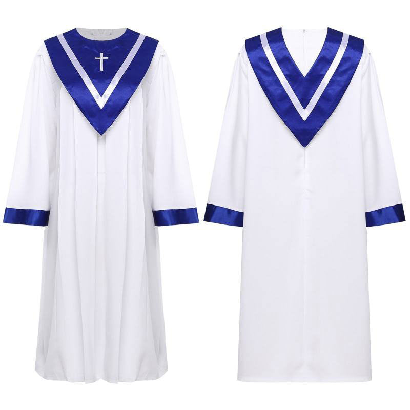 White and Blue Adult Choir Robe with Embroidered Cross - Front and Back