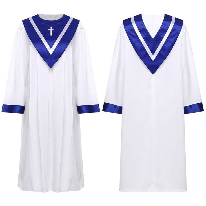 White and Blue Adult Choir Robe with Embroidered Cross - Front and Back