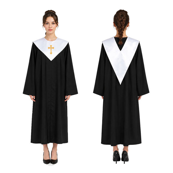 Black church choir robe with white V-yoke collar and cross embroidery, front and back view, white background