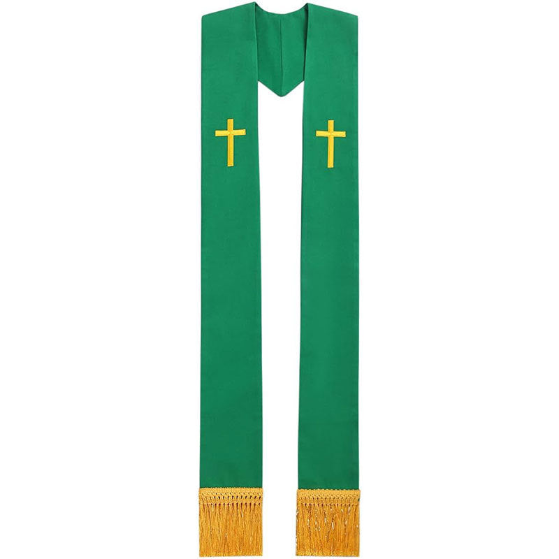 Green Clergy Stole with Gold Embroidered Cross and Fringe