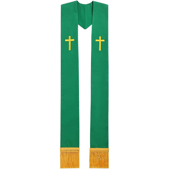 Green Clergy Stole with Gold Embroidered Cross and Fringe