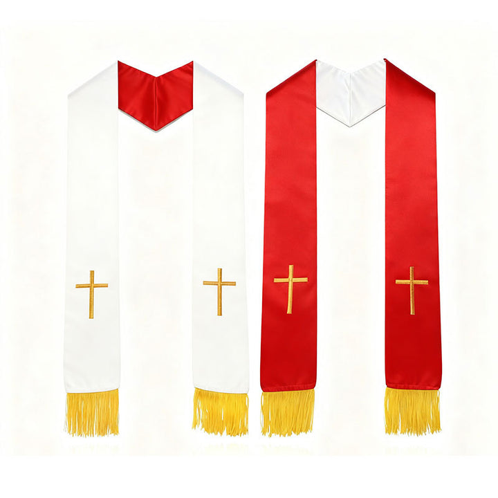 Purple Clergy Stole with Gold Embroidered Cross and Fringe