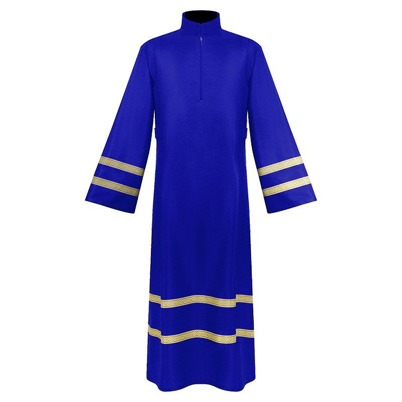 Royal blue church choir robe with gold braid trim on sleeves and hem, stand collar zipper front, white background