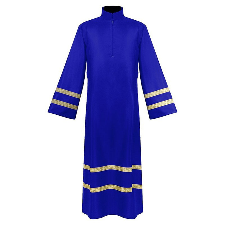 Royal blue church choir robe with gold braid trim on sleeves and hem, stand collar zipper front, white background