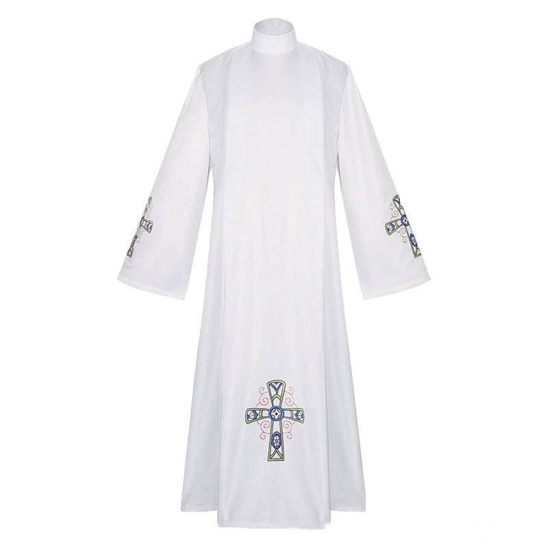 Style E white liturgical alb robe with colorful Celtic cross embroidery in blue green gold at cuffs and lower hem, white background