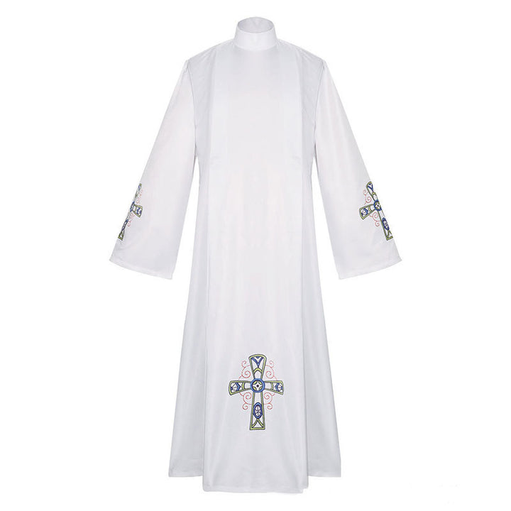 Style E white liturgical alb robe with colorful Celtic cross embroidery in blue green gold at cuffs and lower hem, white background