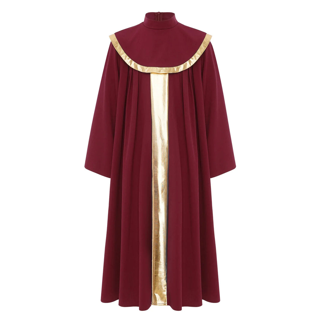 White children's choir robe with gold center stripe and gold cape collar trim, front view, white background