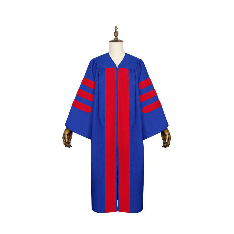 Royal blue doctoral gown front view on mannequin showing red velvet center chest panel and three red velvet bar stripes on wide sleeves, white background