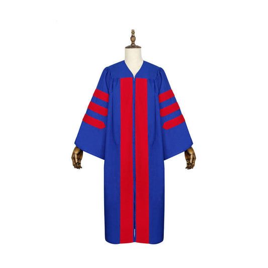 Royal blue doctoral gown front view on mannequin showing red velvet center chest panel and three red velvet bar stripes on wide sleeves, white background