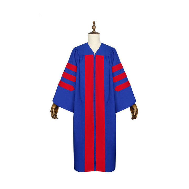 Royal blue doctoral gown front view on mannequin showing red velvet center chest panel and three red velvet bar stripes on wide sleeves, white background