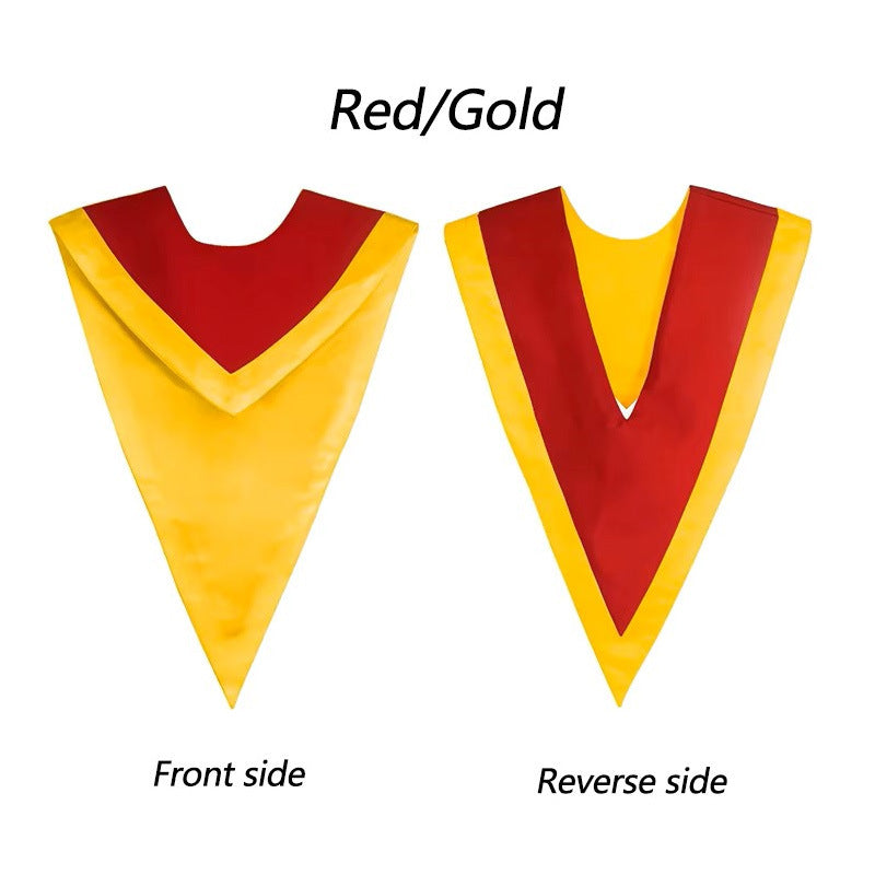 Red and gold two-tone reversible graduation V-stole chevron showing both front and reverse sides, white background