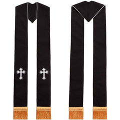Black Clergy Stole with Cross Embroidery & Gold Fringe | 6 Styles | Church Minister Wedding Officiant Funeral | One Size | 100g