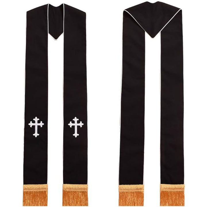 Black clergy stole with red floret cross embroidery and red edge piping and gold fringe, front and back view, white background
