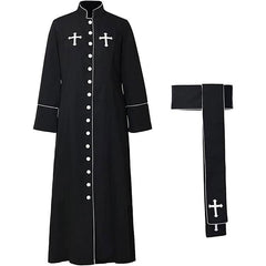 Clergy Cassock Robe with Stole | Stand Collar White Piping Cross Embroidery | Black & White | Church Cosplay Medieval Stage | XS-3XL | 630g
