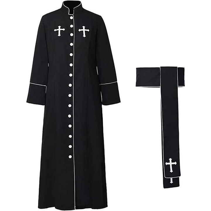 Black clergy cassock robe with stole, stand collar white piping trim and cross embroidery, front view with stole, white background