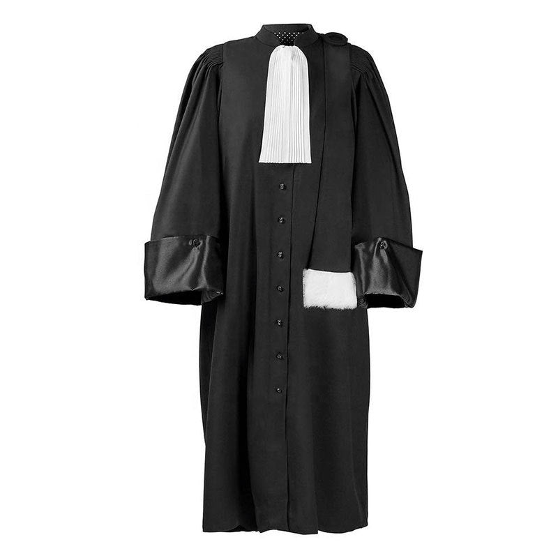 Black barrister lawyer robe with white pleated jabot and satin cuffs on white background